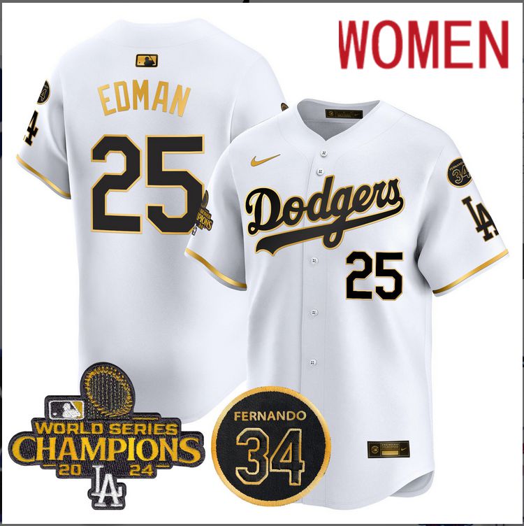 Women MLB Los Angeles Dodgers #25 Edman white 2024 World Series Champions Patch Limited Jersey style 4->women mlb jersey->Women Jersey